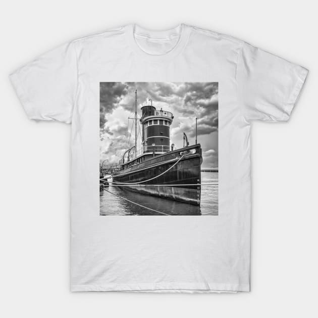 Tugboat Hercules and Storm Clouds B+W T-Shirt by jforno